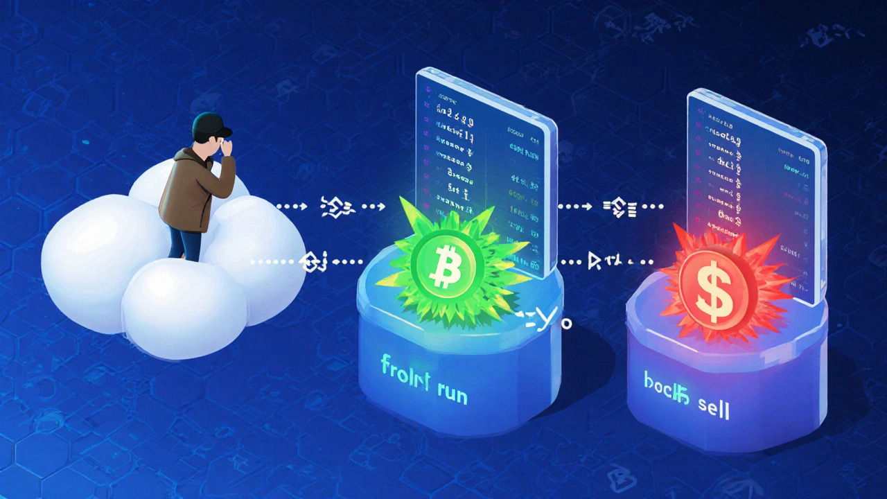 ขั้นตอน sandwich attack แสดงจากการสแกน mempool ไปยัง front‑run, victim, back‑run