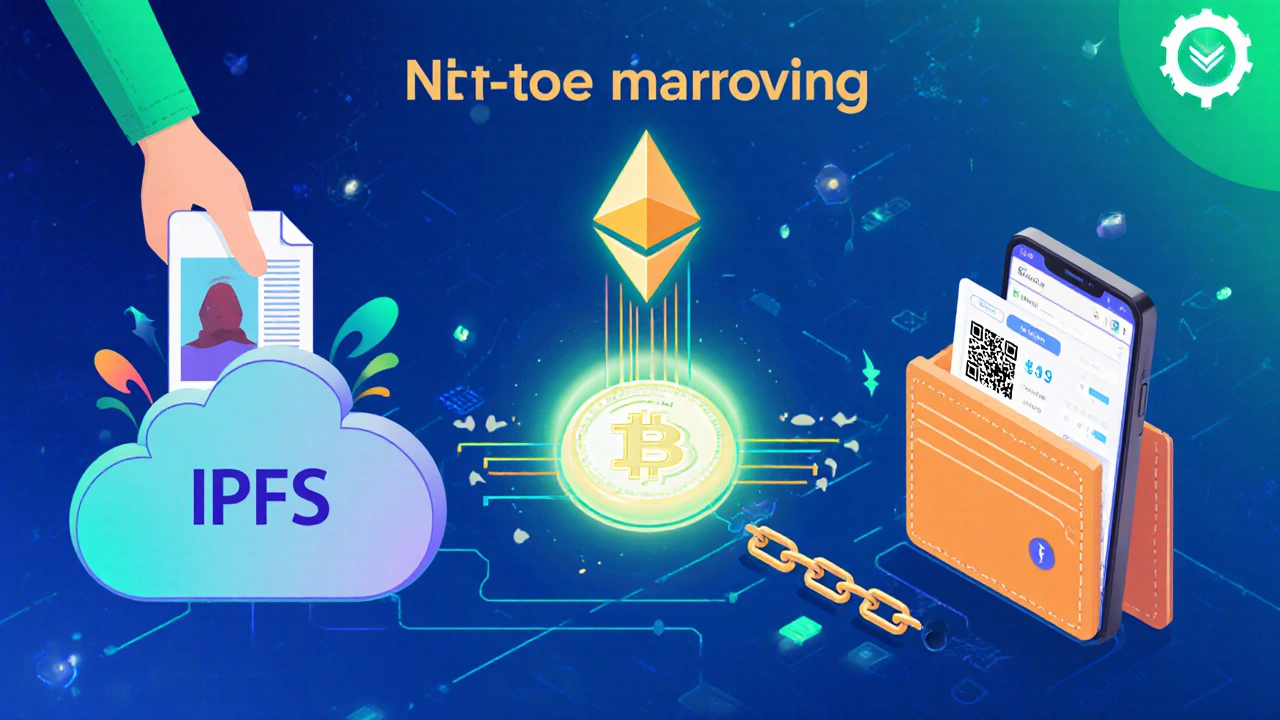 ขั้นตอนการ mint NFT แสดงการอัปโหลดไฟล์ สัญญาอัจฉริยะและกระเป๋าเงิน