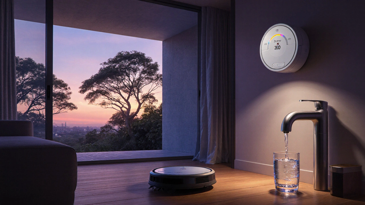 เครื่องดูดฝุ่นอัตโนมัติและตัวควบคุมอุณหภูมิอัจฉริยะในบ้านไทยยามเย็น