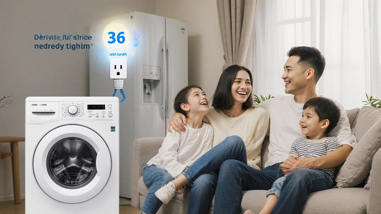 ครอบครัวไทยผ่อนคลายในห้องนั่งเล่นขณะเครื่องใช้ไฟฟ้าอัจฉริยะทำงานโดยไม่ต้องจัดการ