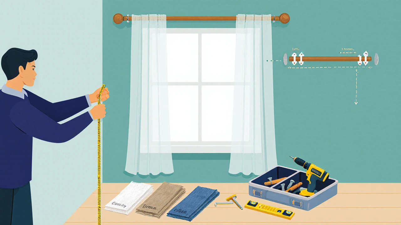 ภาพวาดขั้นตอนการวัดหน้าต่างและเตรียมผ้าม่านพร้อมอุปกรณ์ติดตั้ง