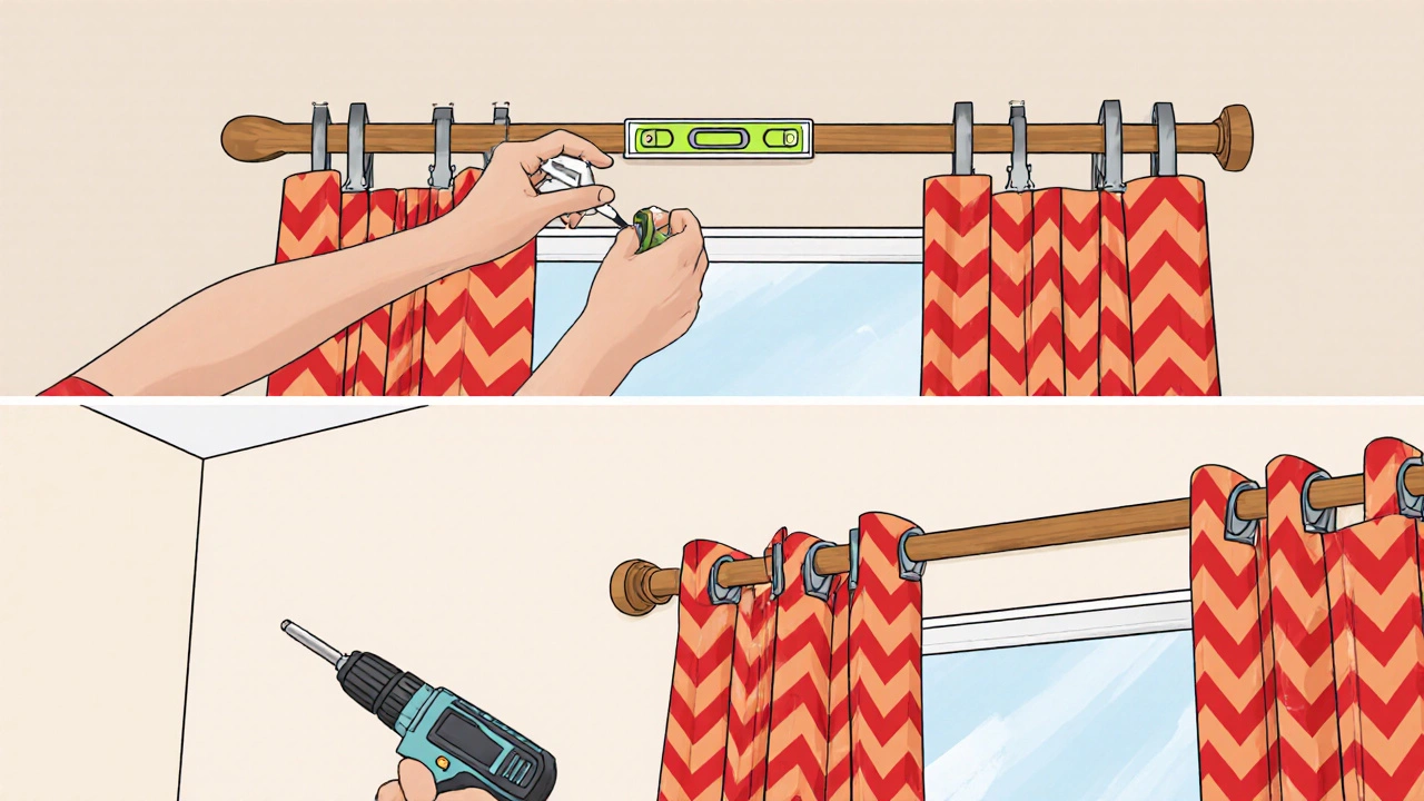 ภาพวาดขั้นตอนติดตั้งราวและแขวนผ้าม่านจีบในห้องนอนพร้อมเครื่องมือ