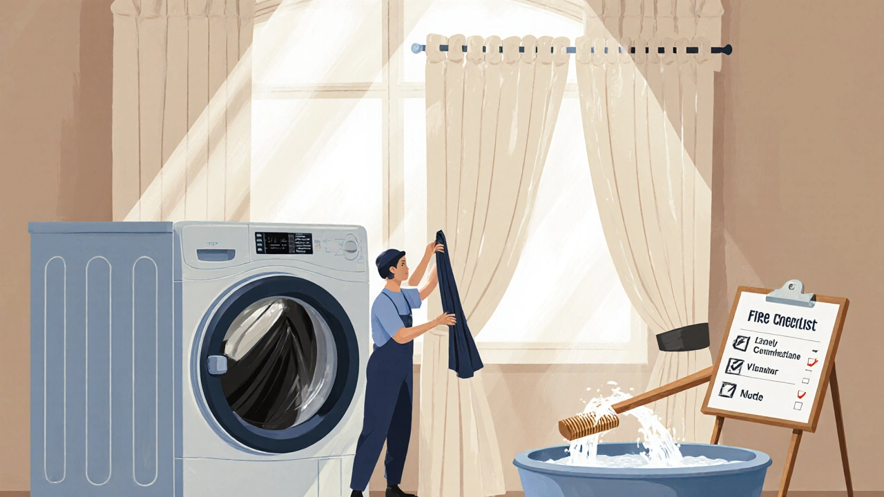 พนักงานทำความสะอาดผ้าม่าน blackout และลินินในห้องซักผ้า