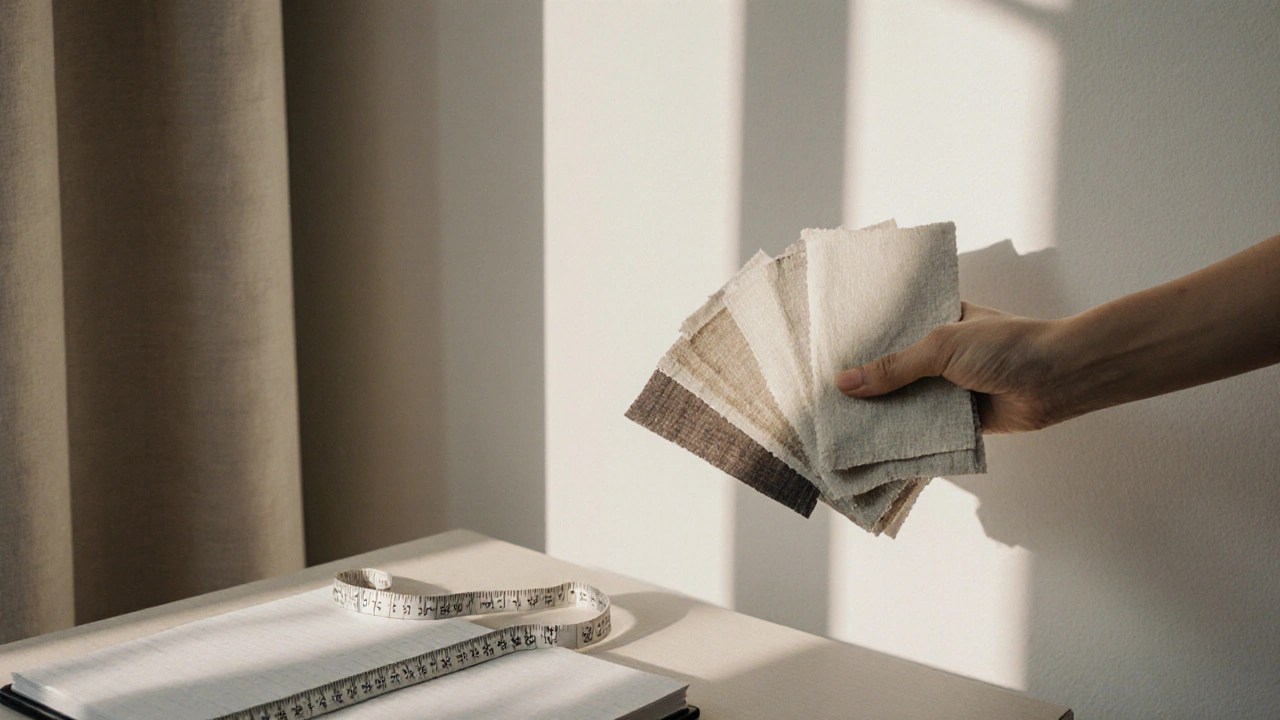 เจ้าของบ้านกำลังเลือกตัวอย่างผ้าม่านสั่งทำโดยเปรียบเทียบกับผนังห้องในร้านผ้าม่าน