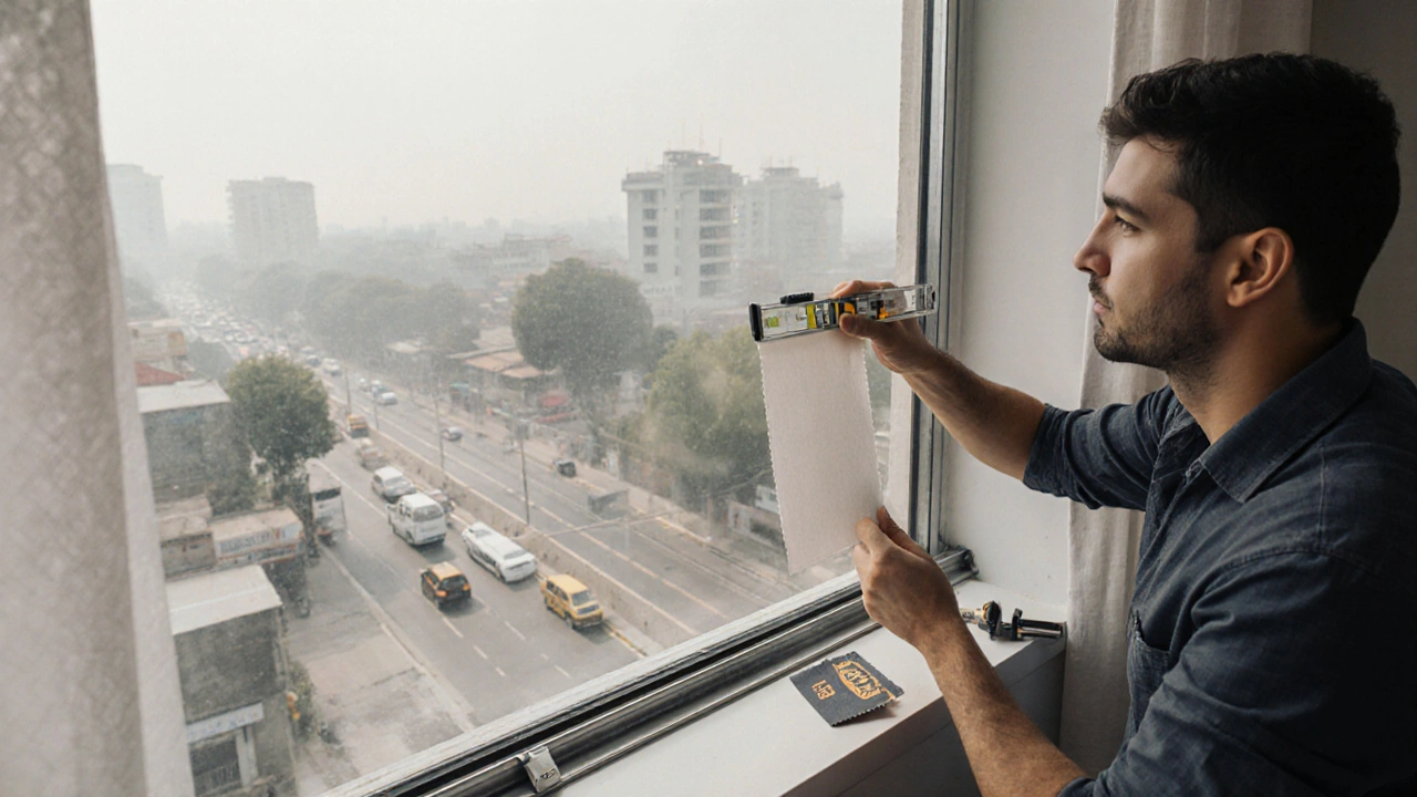 ช่างติดตั้งม่านกำลังวัดหน้าต่างสูงด้วยเครื่องวัดระดับในย่านรามอินทรา