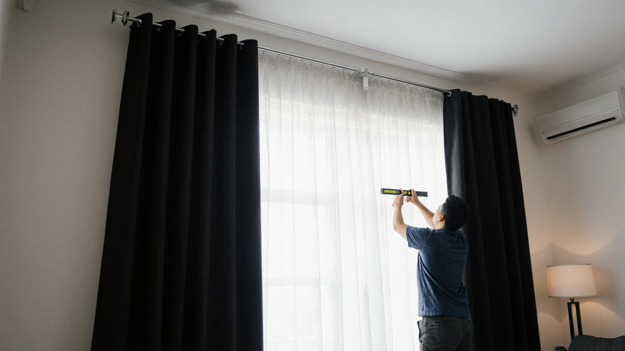 ช่างติดตั้งผ้าม่านสั่งทำแบบกันแสงอย่างแม่นยำบนรางโลหะเหนือหน้าต่างกว้าง