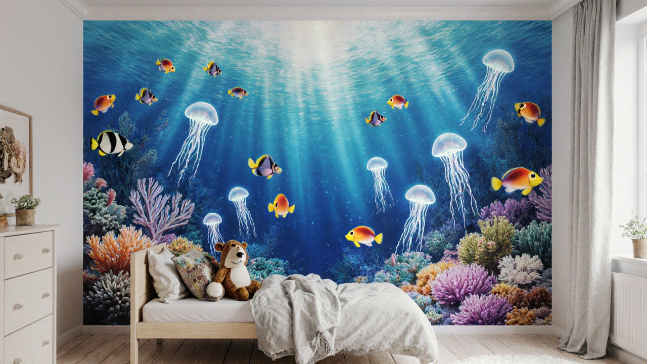 ห้องเด็กที่มีผนังวอลเปเปอร์สามมิติเป็นโลกใต้ทะเลเต็มไปด้วยปลาและแมงกะพรุนเปล่งแสง