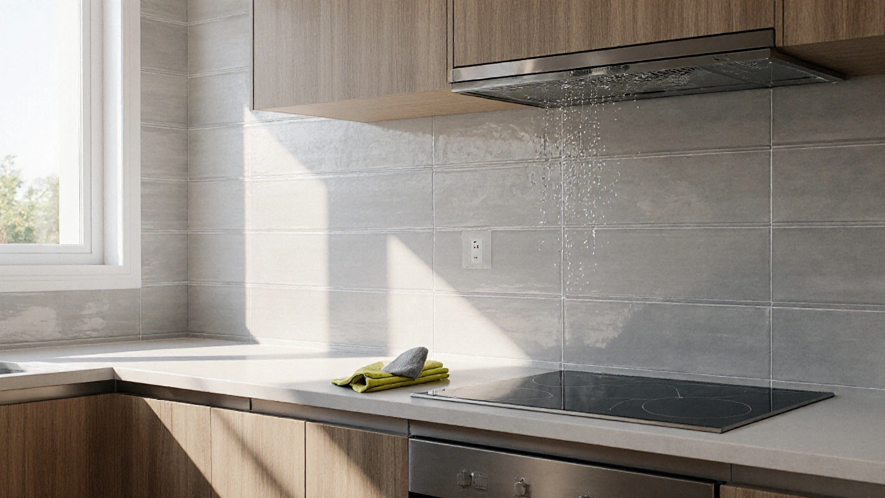 ห้องครัวผนังวอลเปเปอร์กันน้ำสีเทาอ่อน สามารถเช็ดทำความสะอาดได้