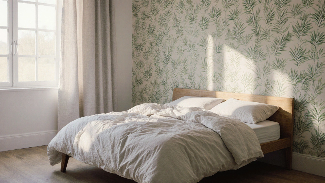 ห้องนอนในยามเช้ากับผนังลายใบไม้เบาๆ แสงแดดสร้างเงาใบไม้บนพื้น