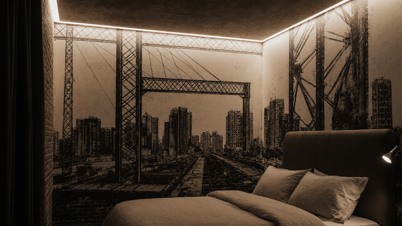 ห้องนอนสไตล์ลอฟท์กับผนังลายทิวทัศน์เมืองและแสงไฟ LED