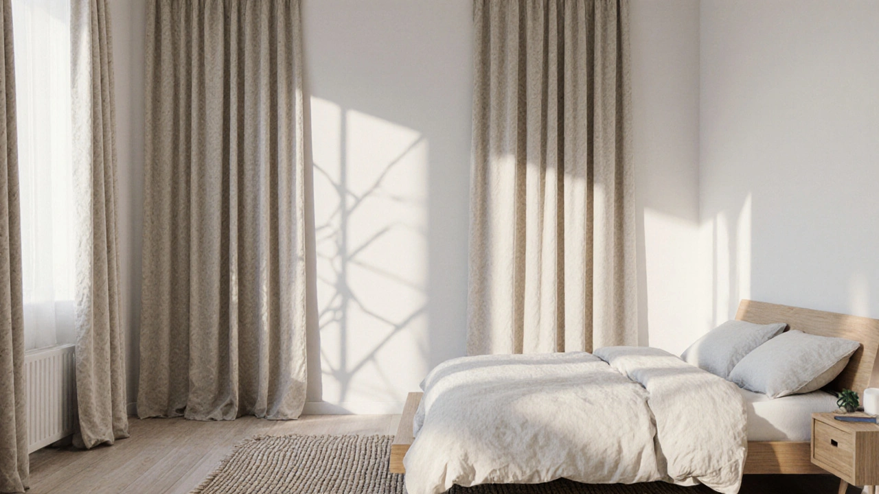 ห้องนอนสไตล์สแกนดิเนเวียกับผ้าม่านผ้าฝ้ายผสมโพลีเอสเตอร์สีเบจ ตัดกับเฟอร์นิเจอร์ไม้ธรรมชาติ