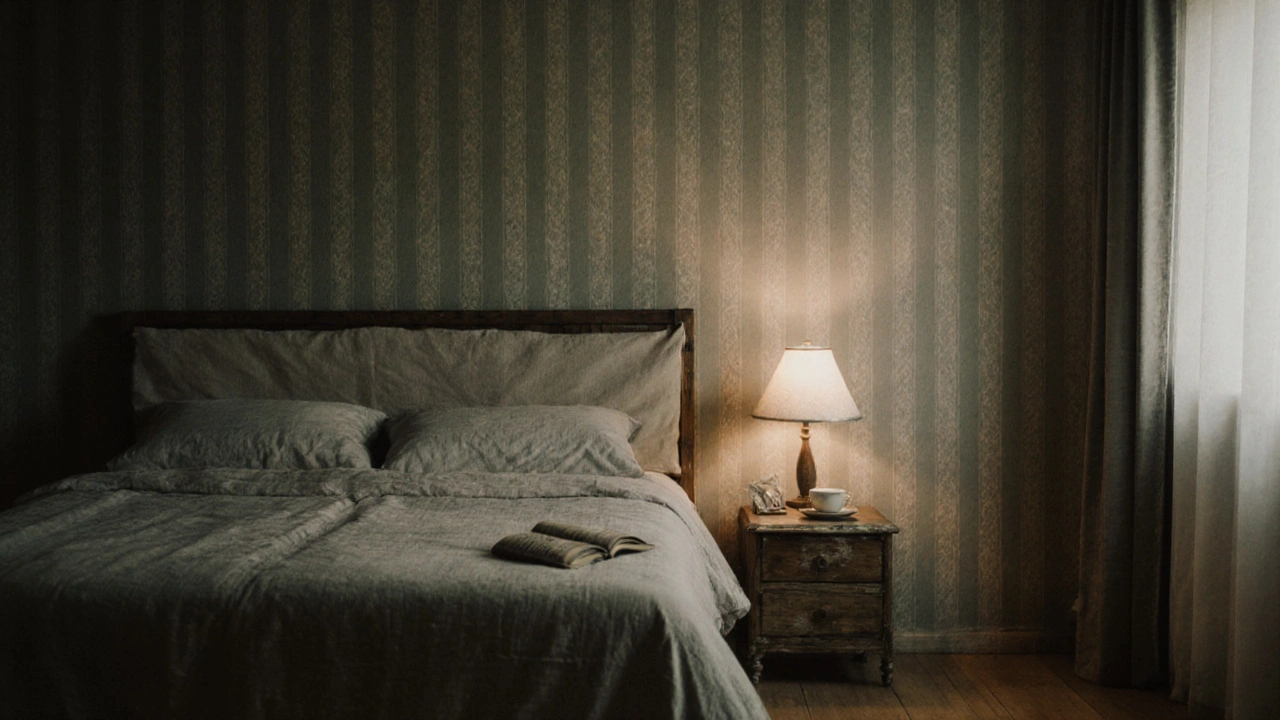 ห้องนอนสไตล์ยุค 1950 ที่มีวอลเปเปอร์ลายทางแนวตั้งสีเขียวอ่อนและเฟอร์นิเจอร์ไม้เก่า
