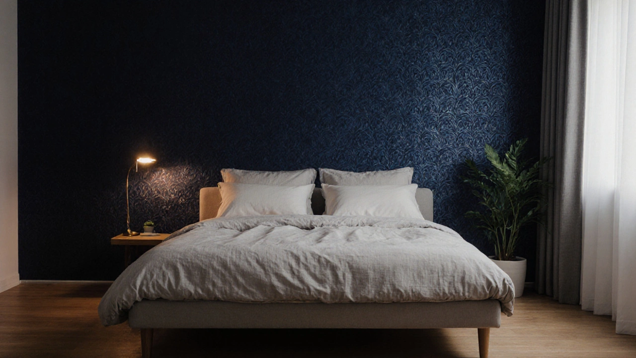 ห้องนอนไทยมีผนังหลังเตียงปิดด้วยวอลเปเปอร์สีน้ำเงินเข้มผิวเหมือนผ้าไหมโบราณ