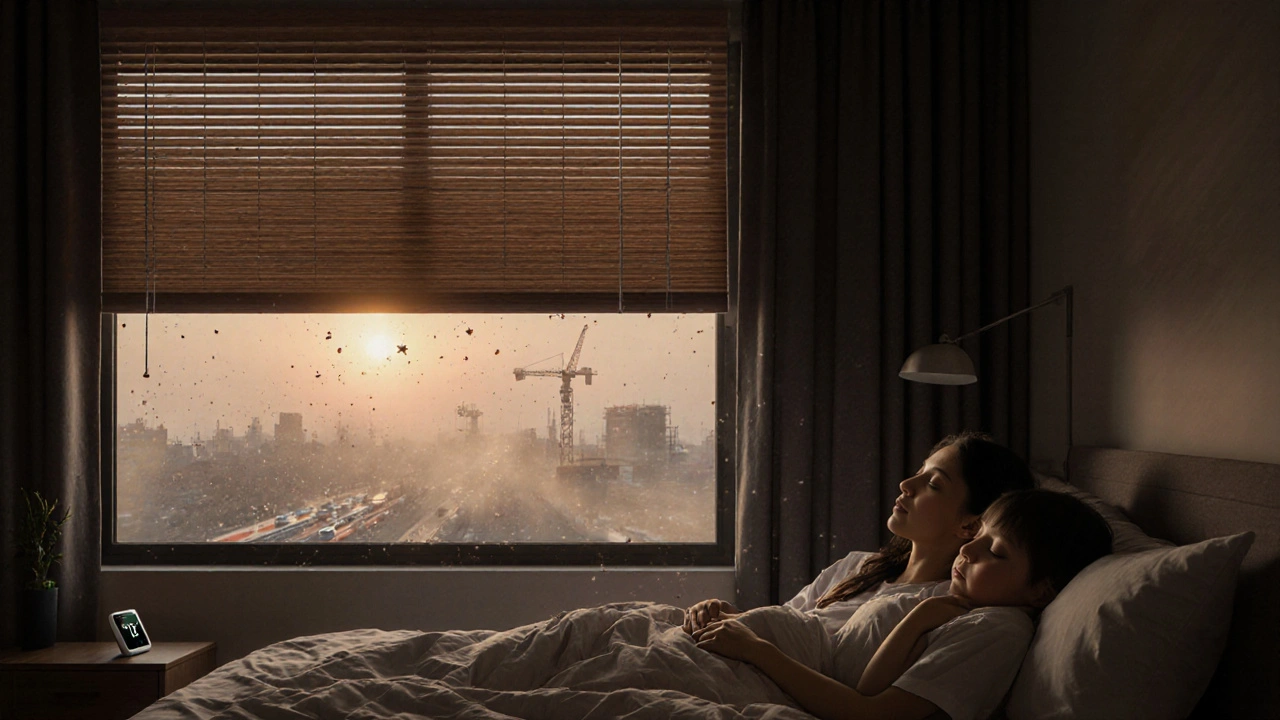 ห้องนอนไทยในยามเช้า ครอบครัวหลับสบายขณะมู่ลี่กันฝุ่นปิดสนิท