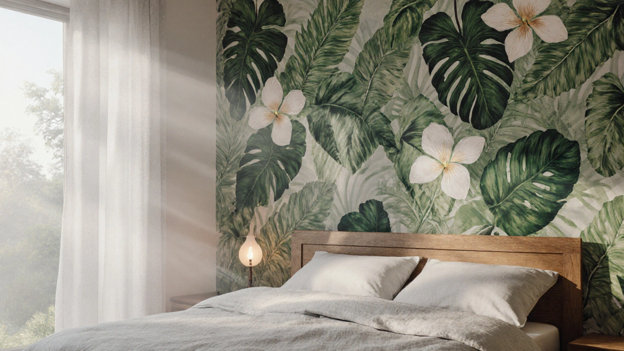 ห้องนอนไทยที่ผนังมีลายใบไม้เขตร้อนสีเขียวอ่อน แสงไฟอุ่นๆ ทำให้ดูสงบ