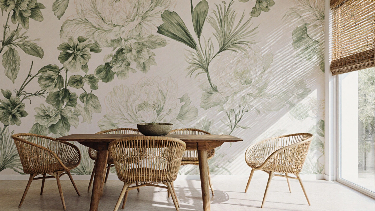 ห้องรับประทานอาหารไทยร่วมสมัยกับลายดอกไม้แบบดั้งเดิมที่แปลงเป็นกราฟิก