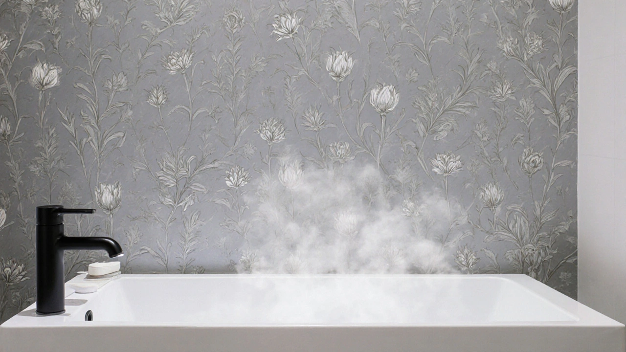 ห้องน้ำทันสมัยติดวอลเปเปอร์ลายทิวลิปเส้นบาง กันน้ำได้ ดูสะอาดและเรียบหรู