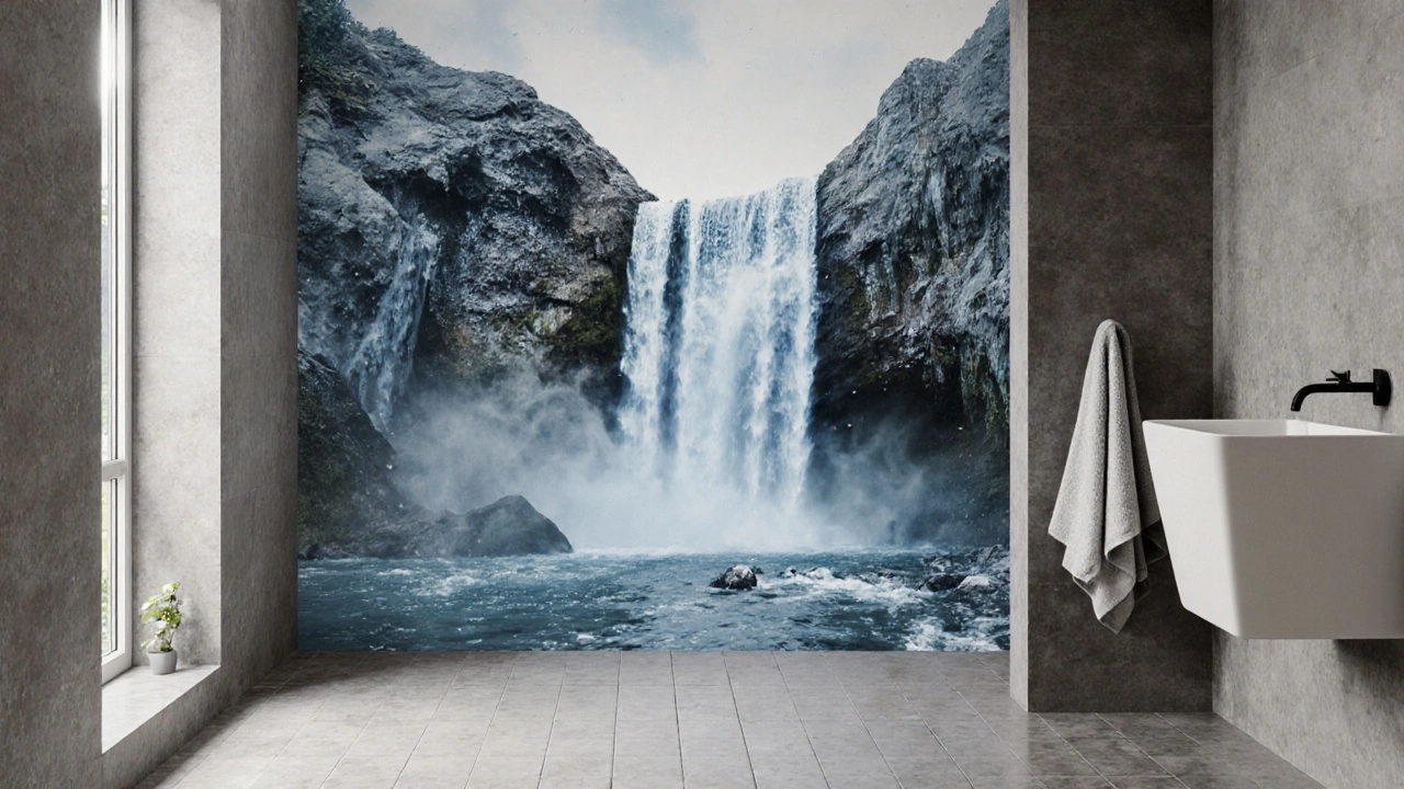 ห้องน้ำที่มีวอลเปเปอร์สามมิติเป็นน้ำตกไหลลงหน้าผา ดูเหมือนน้ำไหลจริง
