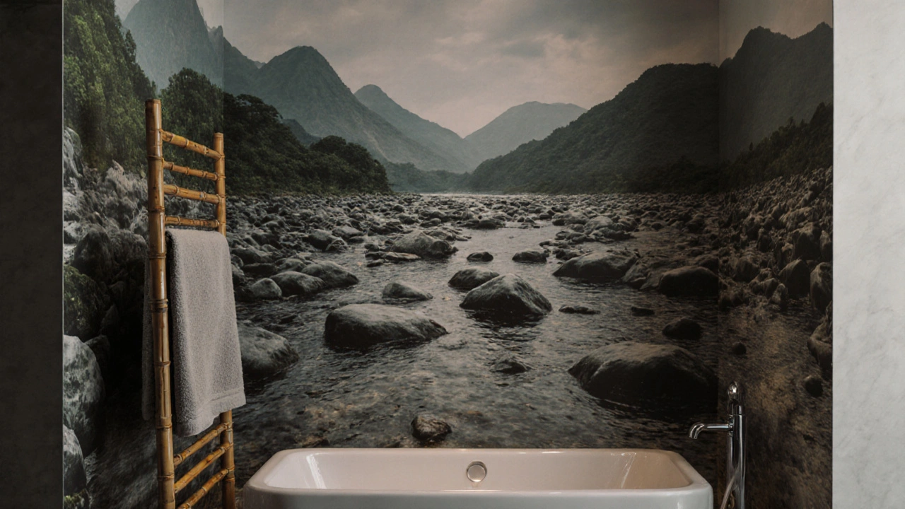 ห้องน้ำที่ผนังเลียนแบบหินและภูเขา วัสดุกันน้ำ ดูสะอาดและเป็นธรรมชาติ