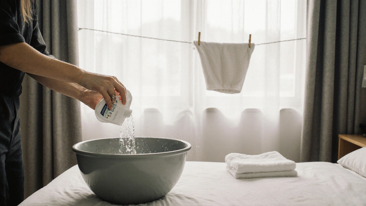 กำลังซักผ้าม่านราคาถูกในน้ำอุ่นและตากในที่ร่มเพื่อให้ใช้งานนาน