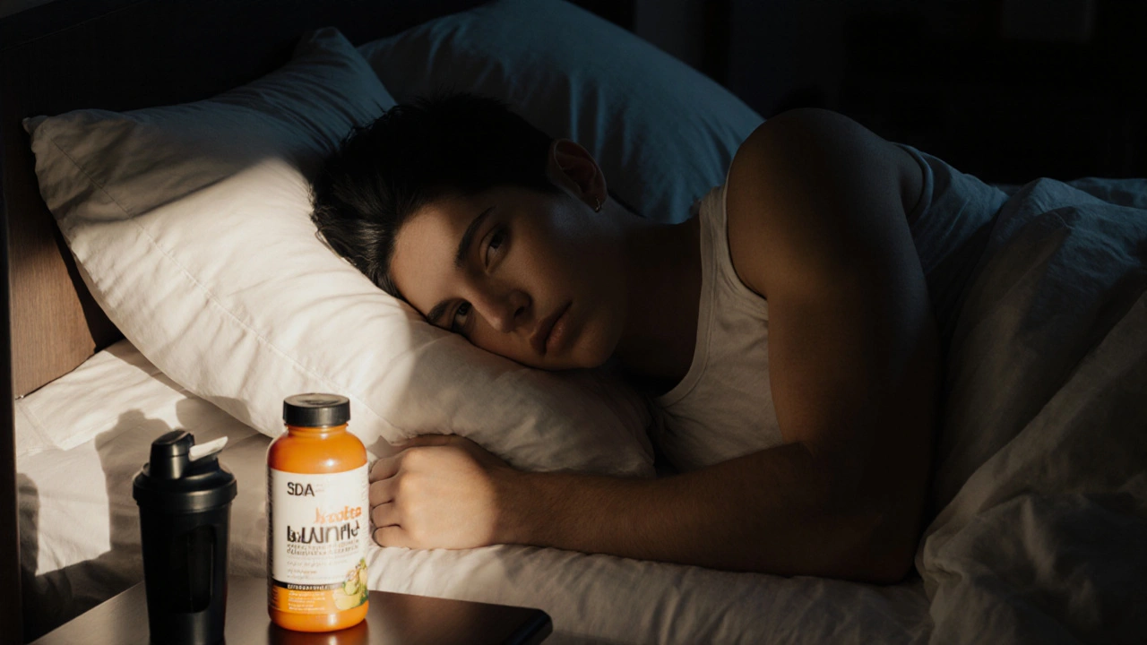 คนนอนหลับอย่างสงบในห้องนอน มีวิตามินดีและชakers โปรตีนวางอยู่บนโต๊ะข้างเตียง