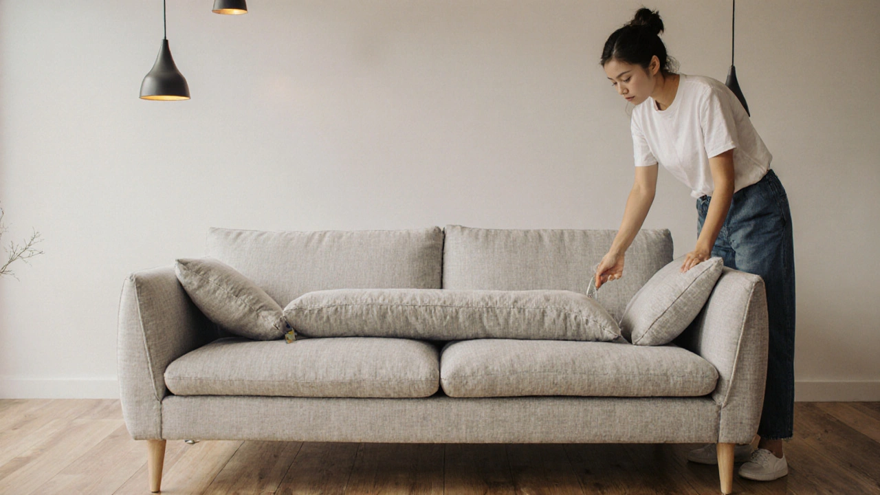 ลูกค้าทดสอบโซฟาสามที่นั่งในร้านเฟอร์นิเจอร์ มองเห็นฟองน้ำหนาและสปริงคู่ด้านล่าง