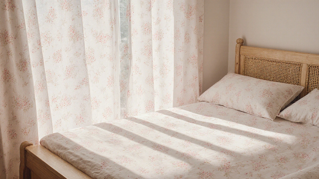 ม่านลายดอกเล็กสีชมพูอ่อนบนผ้าฝ้ายในห้องนอนไทยที่มีแสงแดดยามเช้า