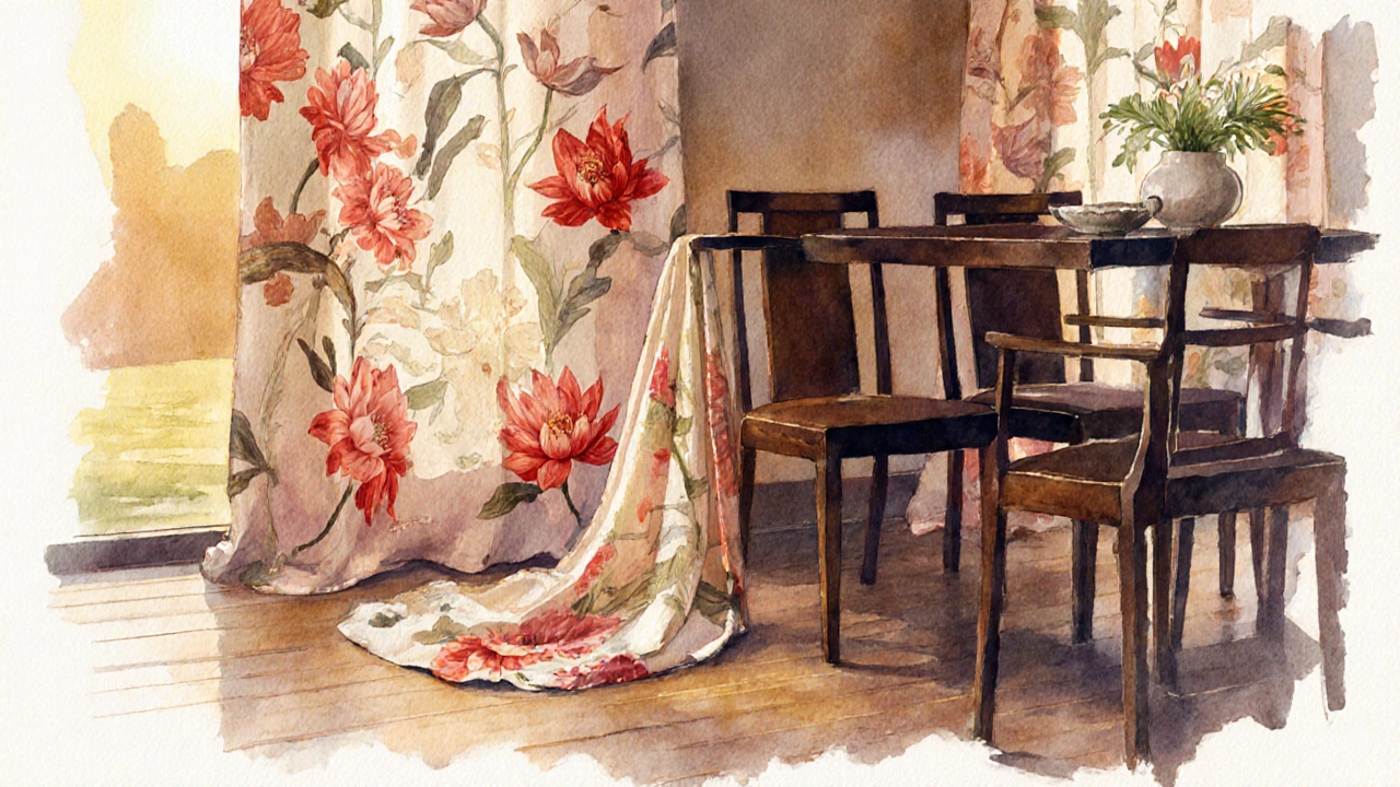 ม่านลายดอกไทยอย่างดอกบัวและพิกุลบนผ้าไหมในห้องรับประทานอาหาร