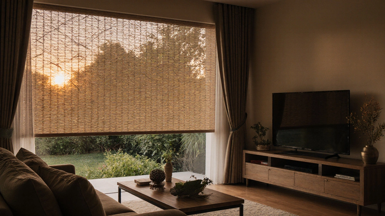 ม่านม้วนแบบเมชในห้องนั่งเล่นไทยที่กรองแสงธรรมชาติ