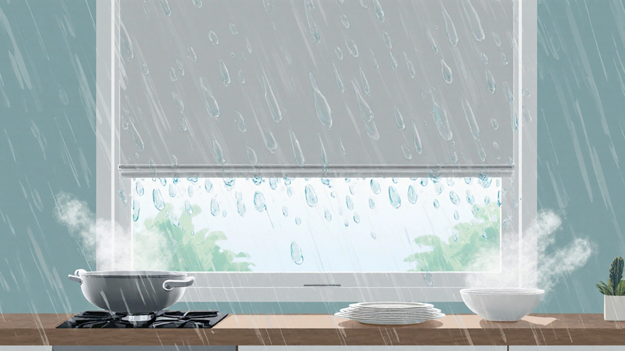 ม่านม้วนกันน้ำในห้องครัวไทยที่รับน้ำฝนโดยไม่ซึม