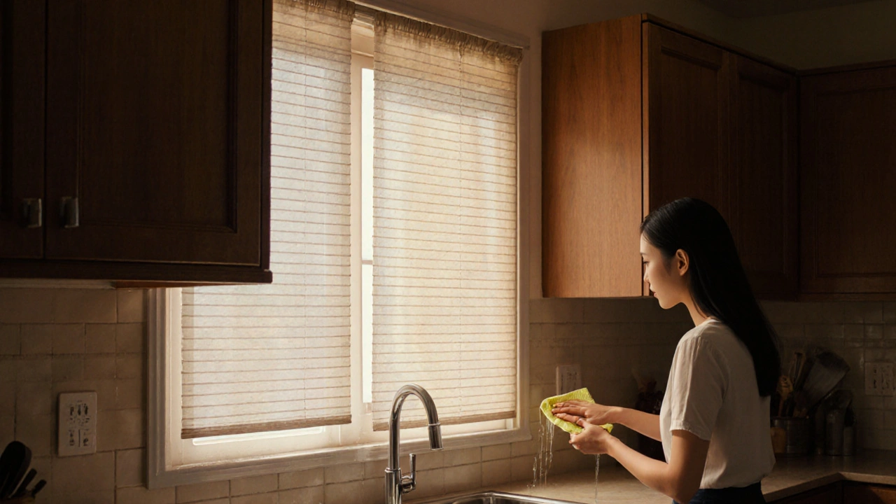 ม่านสองชั้นในห้องครัว: ชั้นในโปร่ง ชั้นนอกกันน้ำ ผู้หญิงเช็ดคราบไขมันด้วยผ้าชุบน้ำ