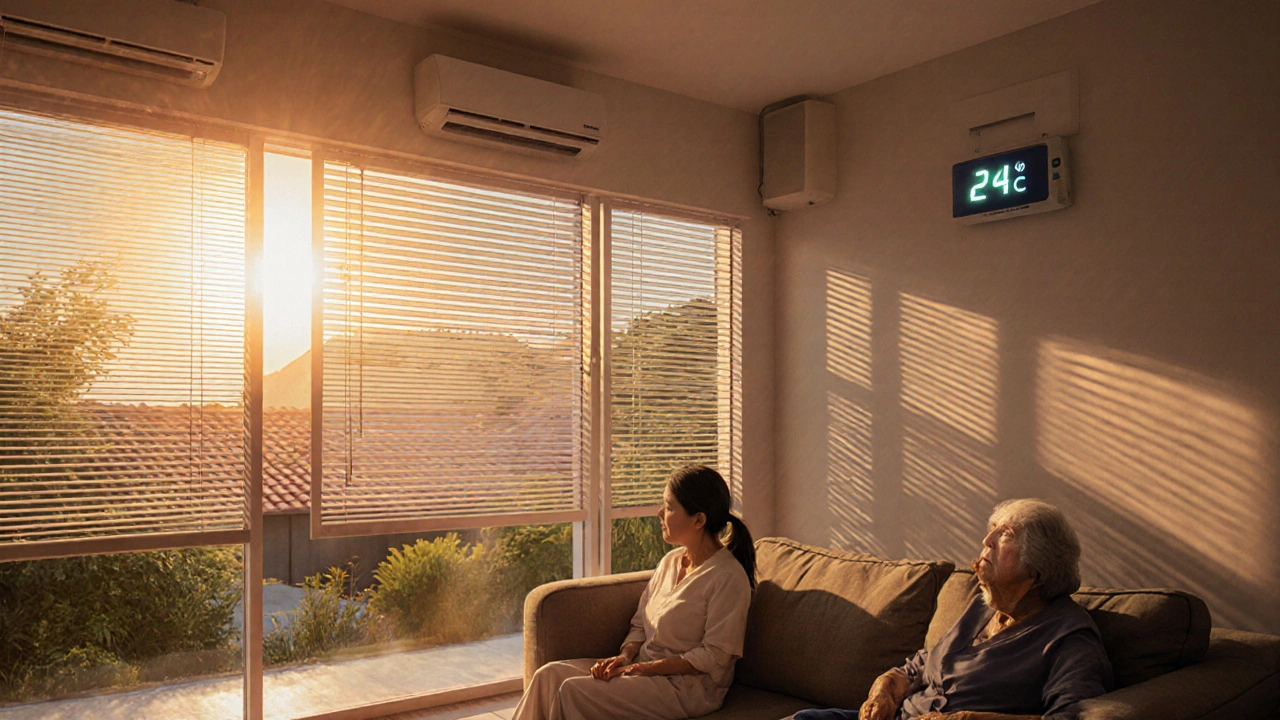 มู่ลี่ไฟฟ้าปิดเต็มที่ในบ้านไทยเพื่อป้องกันความร้อนจากแดดกลางวัน