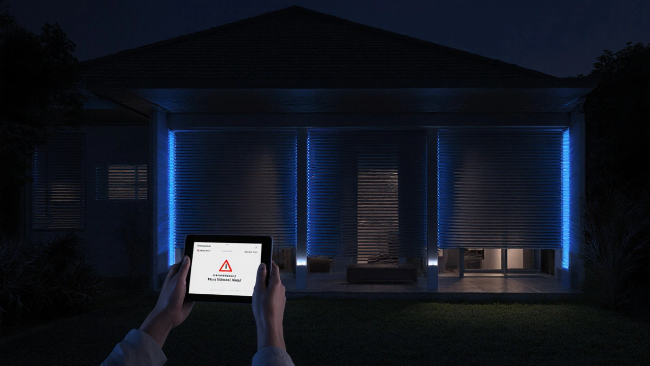 มู่ลี่ไฟฟ้าปิดทั้งหมดอัตโนมัติเมื่อระบบความปลอดภัยในบ้านแจ้งเตือน