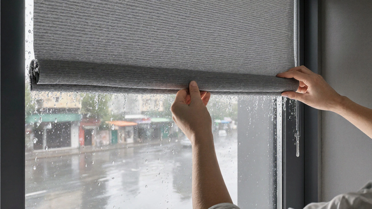 มือกำลังปรับผ้าม่านพับกันน้ำในห้องครัวที่มีหยดน้ำบนผิวผ้า