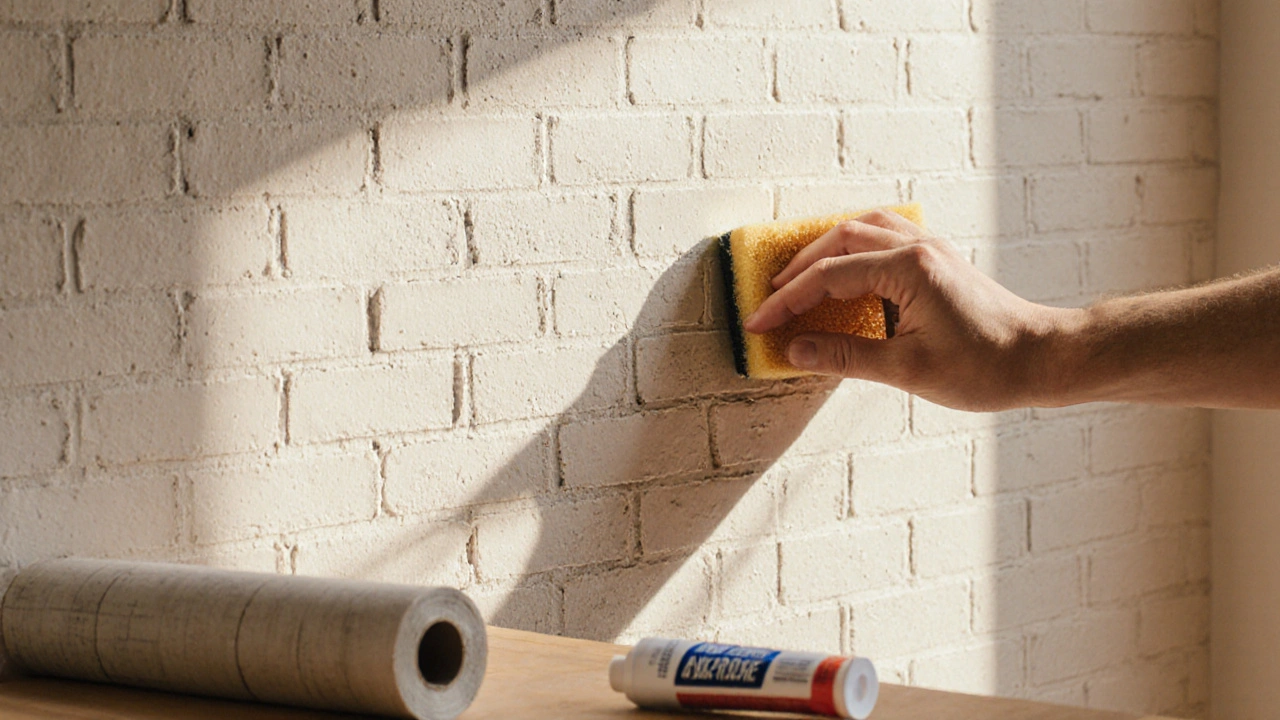 มือกำลังติดวอลเปเปอร์ลายอิฐบนผนังด้วยฟองน้ำ แสดงรายละเอียดผิววัสดุและกระบวนการติดตั้ง