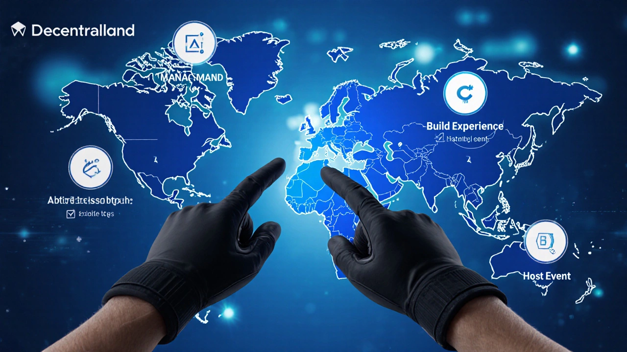 มือของผู้ใช้กำลังโต้ตอบกับแผนที่เสมือนจริงของ Decentraland และ The Sandbox พร้อมไอคอนแสดงขั้นตอนการเริ่มต้น