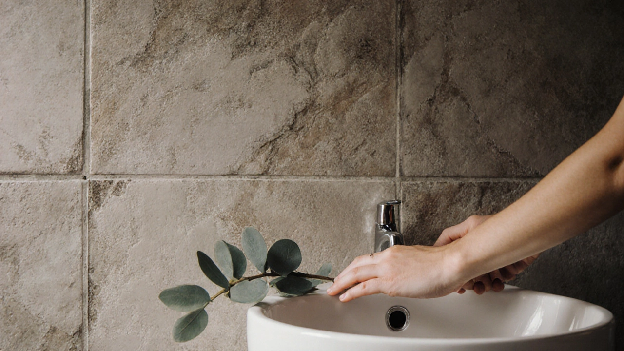 มือสัมผัสผนังลายหินธรรมชาติในห้องน้ำ พร้อมกิ่งยูคาลิปตัสวางอยู่บนอ่างล้างหน้า