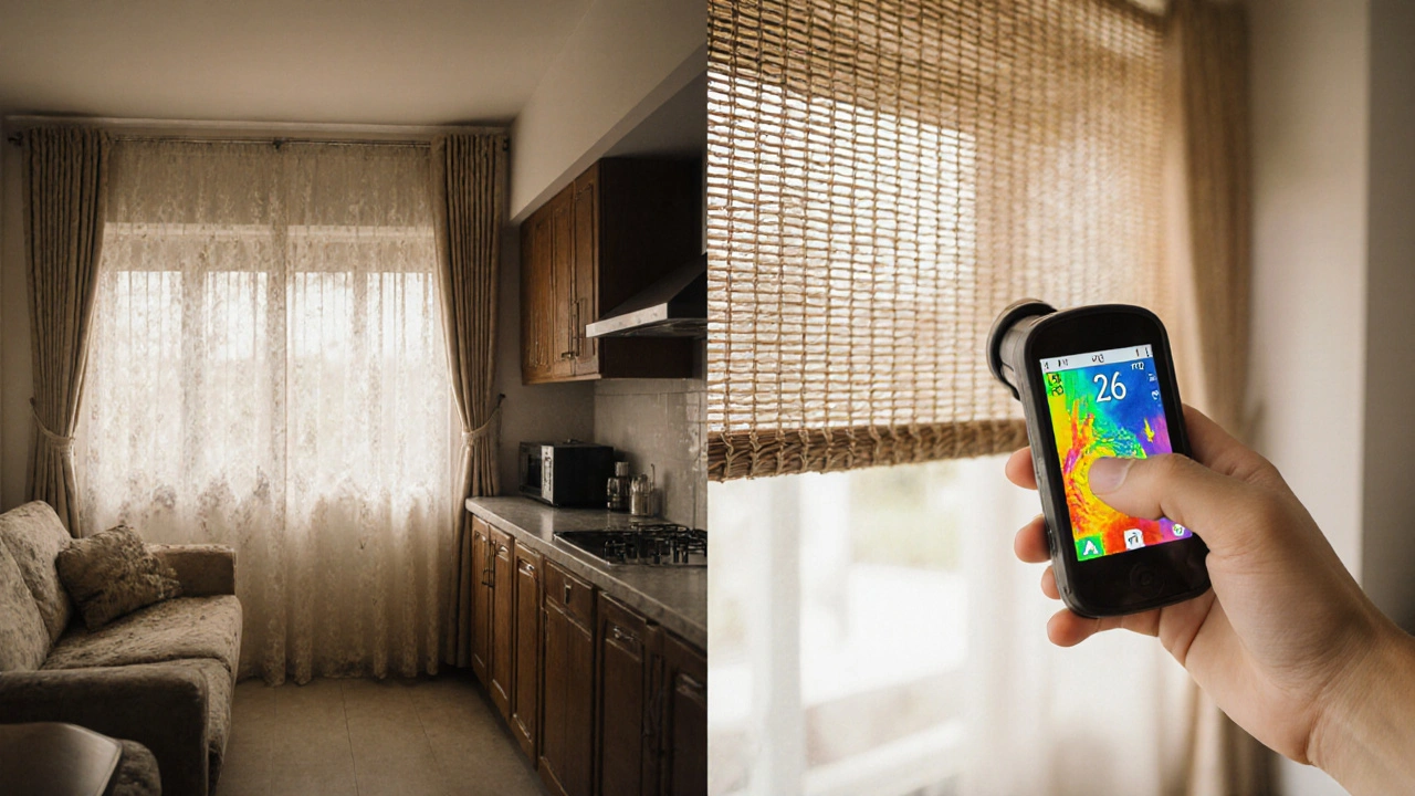 เปรียบเทียบห้องครัวก่อนและหลังติดม่านกันแสงแบบรูปตาแมว ลดแสงและรักษาสีของเฟอร์นิเจอร์