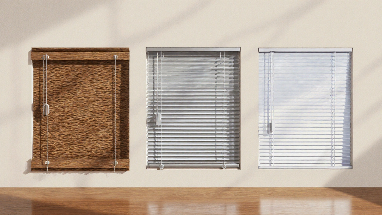 เปรียบเทียบมู่ลี่ไม้แท้ อัลูมิเนียม และพลาสติก บนโต๊ะไม้ภายใต้แสงธรรมชาติ