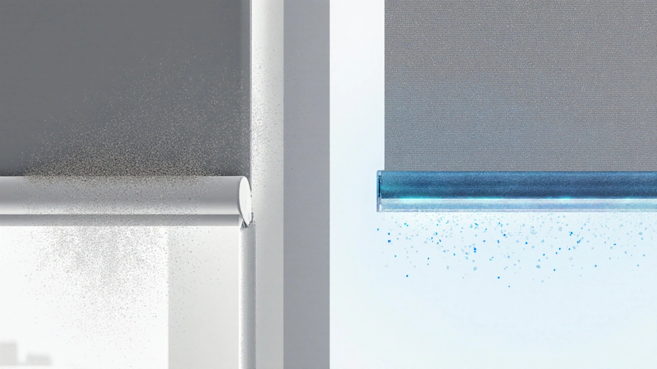 เปรียบเทียบมู่ลี่ทั่วไปกับมู่ลี่กันฝุ่น แสดงให้เห็นความต่างในการกันฝุ่น