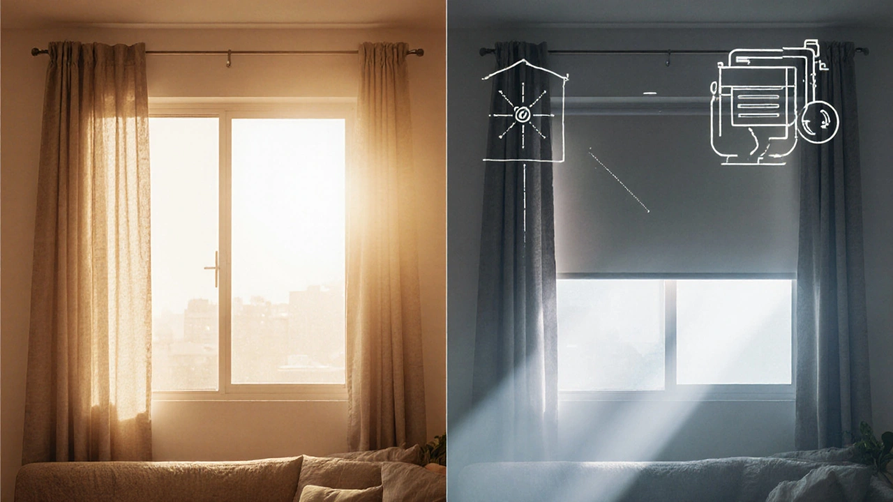 เปรียบเทียบมู่ลี่ทั่วไปกับมู่ลี่กันยูวี: ด้านซ้ายมีแสงแดดทำให้โซฟาซีด ด้านขวาป้องกันรังสีอันตรายแต่ยังมองเห็นภายนอก