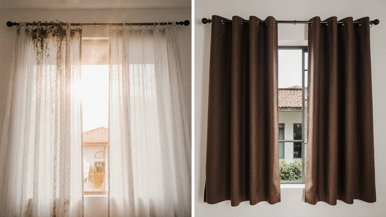 เปรียบเทียบผ้าม่านสีขาวที่ซีดและสกปรกกับผ้าม่านสีน้ำตาลเข้มที่ยังดูใหม่