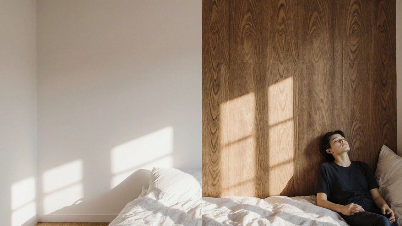 เปรียบเทียบผนังก่อนและหลังติดวอลเปเปอร์ลายไม้สีธรรมชาติ สร้างความรู้สึกอบอุ่นและสงบ