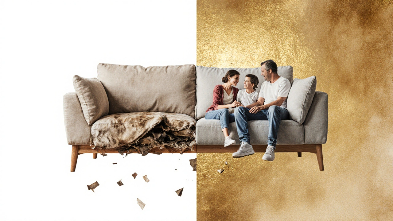 เปรียบเทียบโซฟาคุณภาพต่ำกับโซฟาทนทาน 5 ปี ด้วยสไตล์ภาพวาดน้ำสี