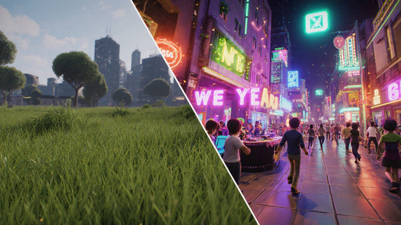 เปรียบเทียบที่ดินเว้นว่างกับที่ดินที่คึกคักใน The Sandbox มีผู้ใช้งานมาช้อปปิ้งและเข้าร่วมคอนเสิร์ต