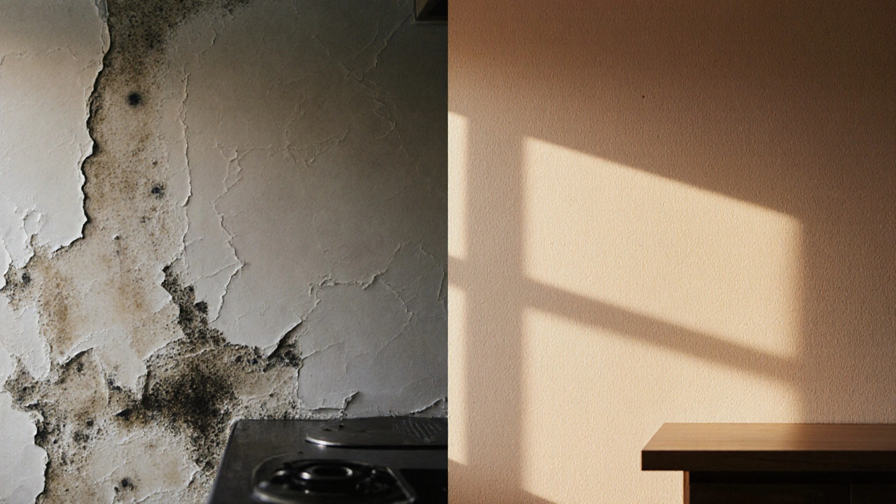 เปรียบเทียบวอลเปเปอร์ทั่วไปที่ลอกและขึ้นรา กับวอลเปเปอร์กันชื้นที่สะอาดทนทานในห้องครัว