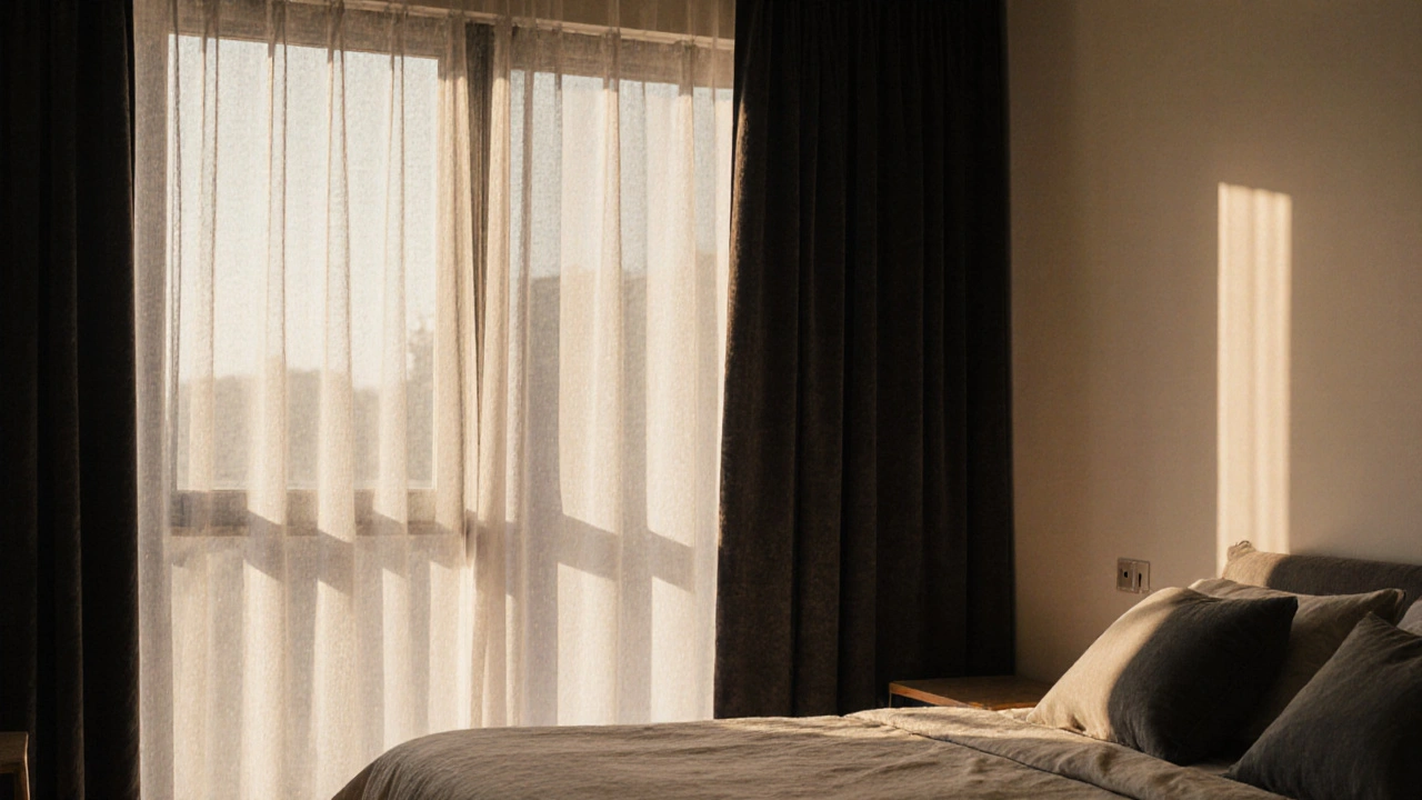 ผ้าม่านสองชั้นในห้องนอน: ผ้าลินินบางด้านนอกและผ้ากำมะหยี่กันแสงด้านใน