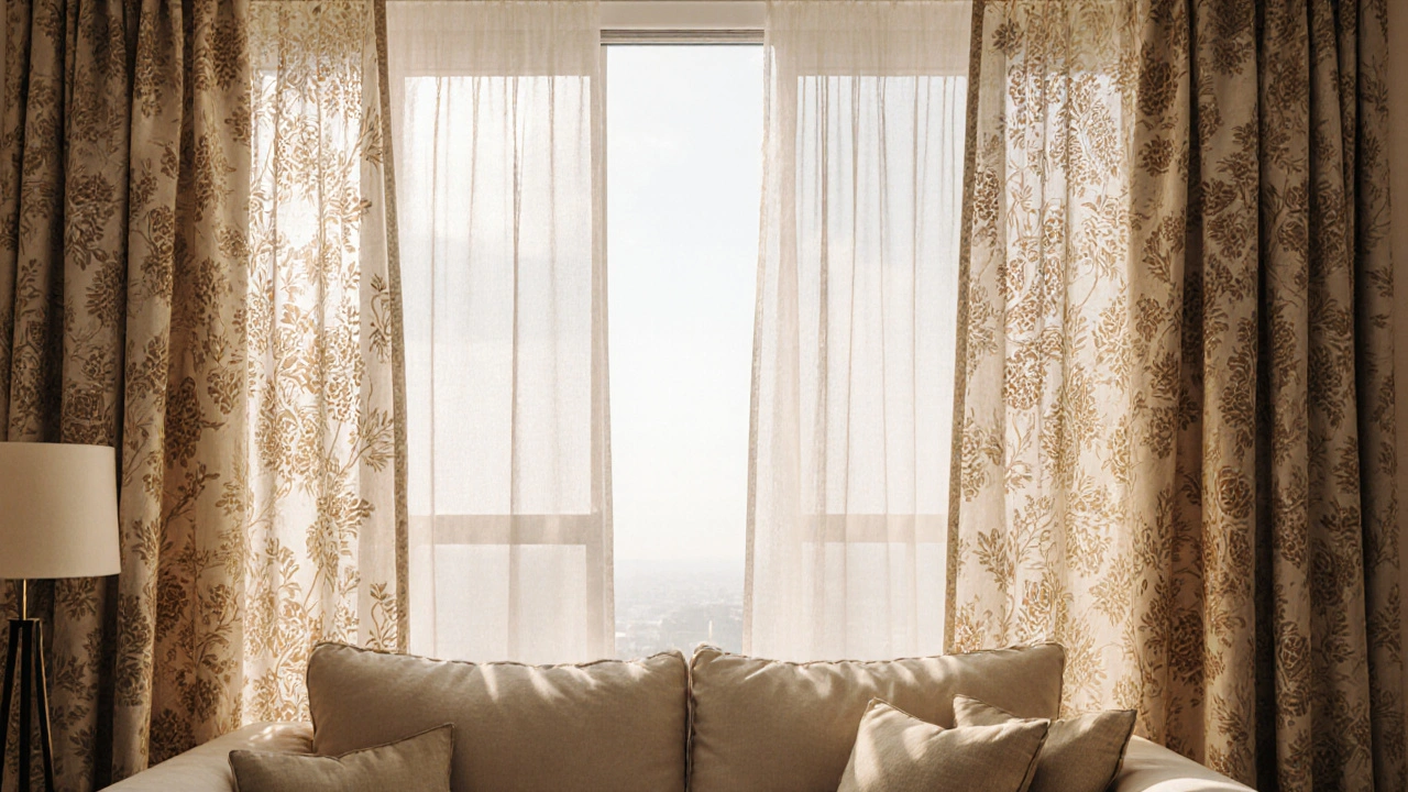 ผ้าม่านสองชั้นในห้องรับแขกไทยร่วมสมัย ชั้นในโปร่ง ชั้นนอกมีลวดลายไทยดั้งเดิม