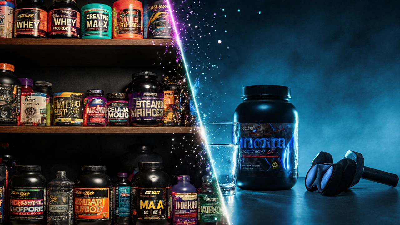 ภาพเปรียบเทียบระหว่างอาหารเสริมโฆษณาชวนเชื่อกับครีเอทีนธรรมดาพร้อมอุปกรณ์ออกกำลังกาย