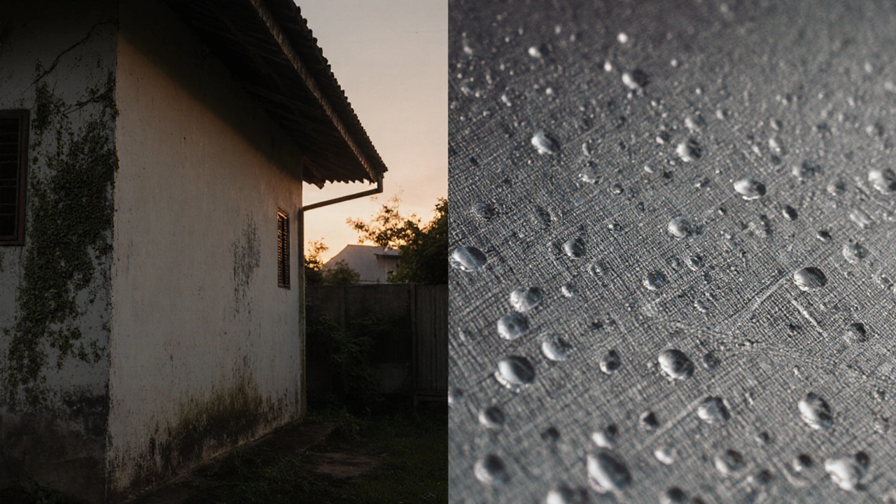 ผนังด้านหลังบ้านไทย ด้านซ้ายเปียกชื้นขึ้นเชื้อรา ด้านขวาใช้วอลเปเปอร์กันน้ำป้องกันความชื้น